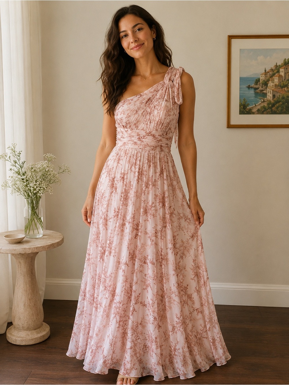 Azazie Charlize Pink Fern Floral One-Shoulder Chiffon A-Line Gown NWT